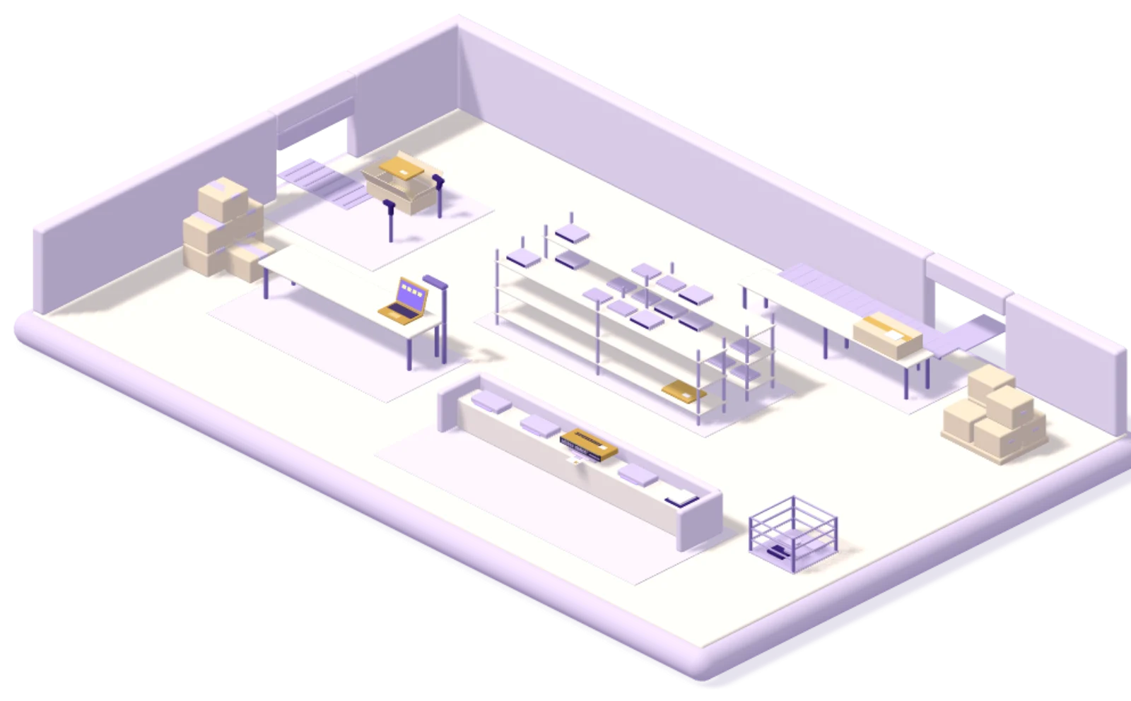 The Depot IT floor seen whole: return dock, grading bench, wipe lane, racks and outbound door, with a unit at work at each.